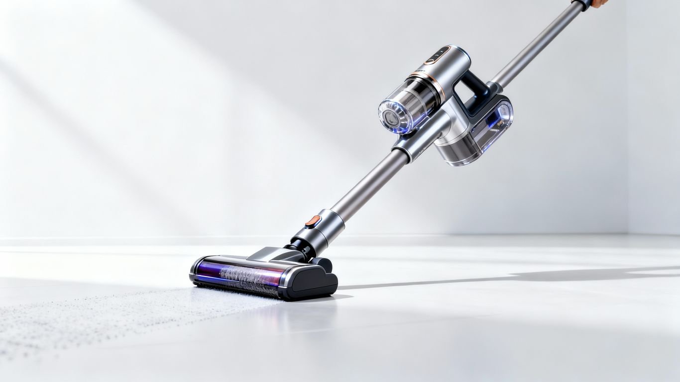 Aspirador vertical sem fio moderno em ação.