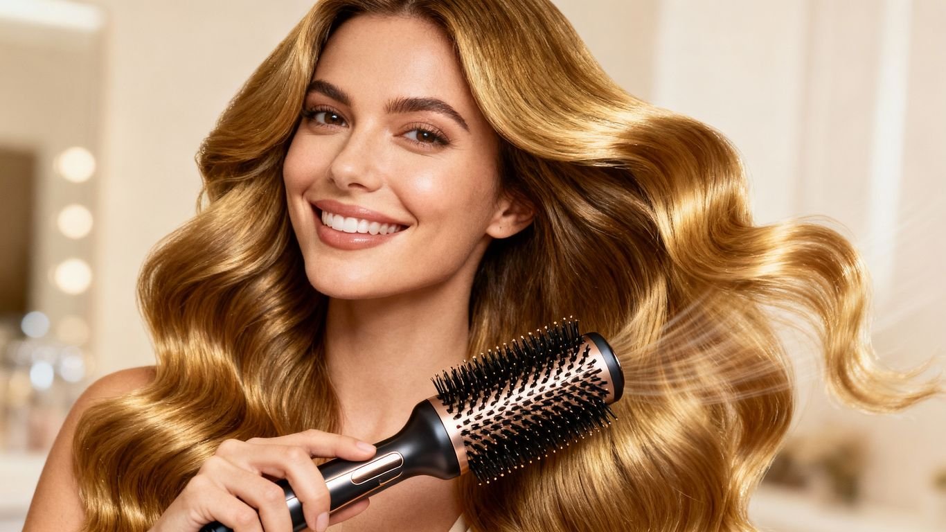 Mulher com cabelo volumoso e escova rotativa para cabelos